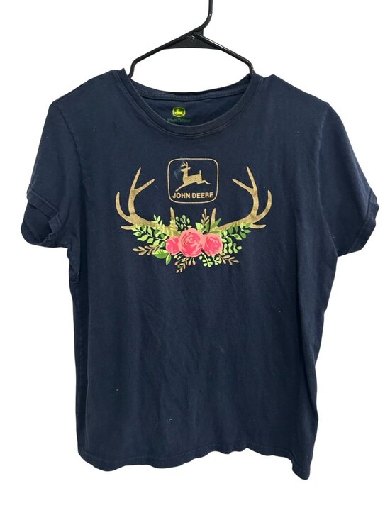 John Deere Tops - John Deere Large Navy T-Shirt Floral Antler Graphic Cotton Cottagecore Pastoral